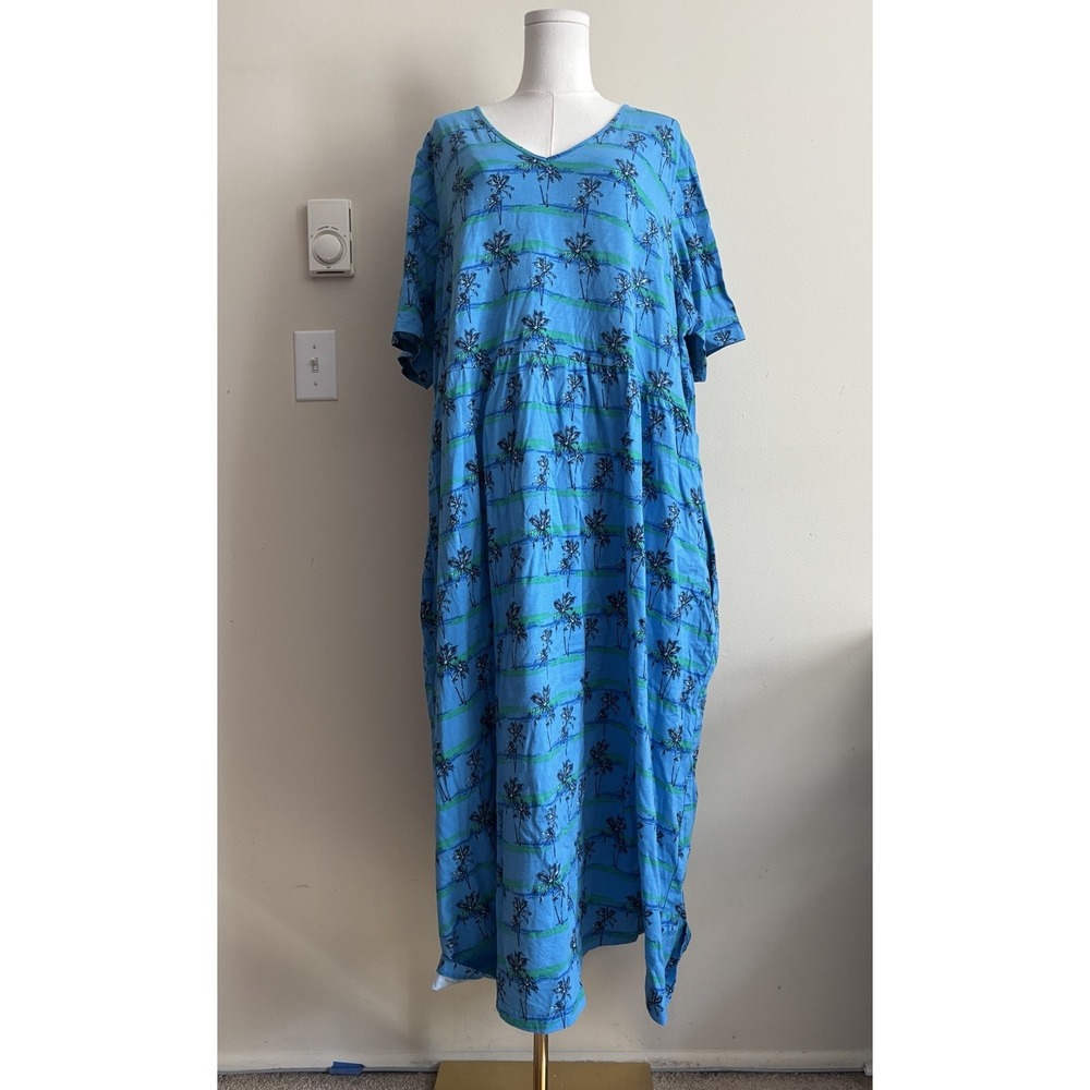 Ulla Popken 24 26 Dress Plus Size 3X Stretch Pullover Tropical Palm Tree Blue